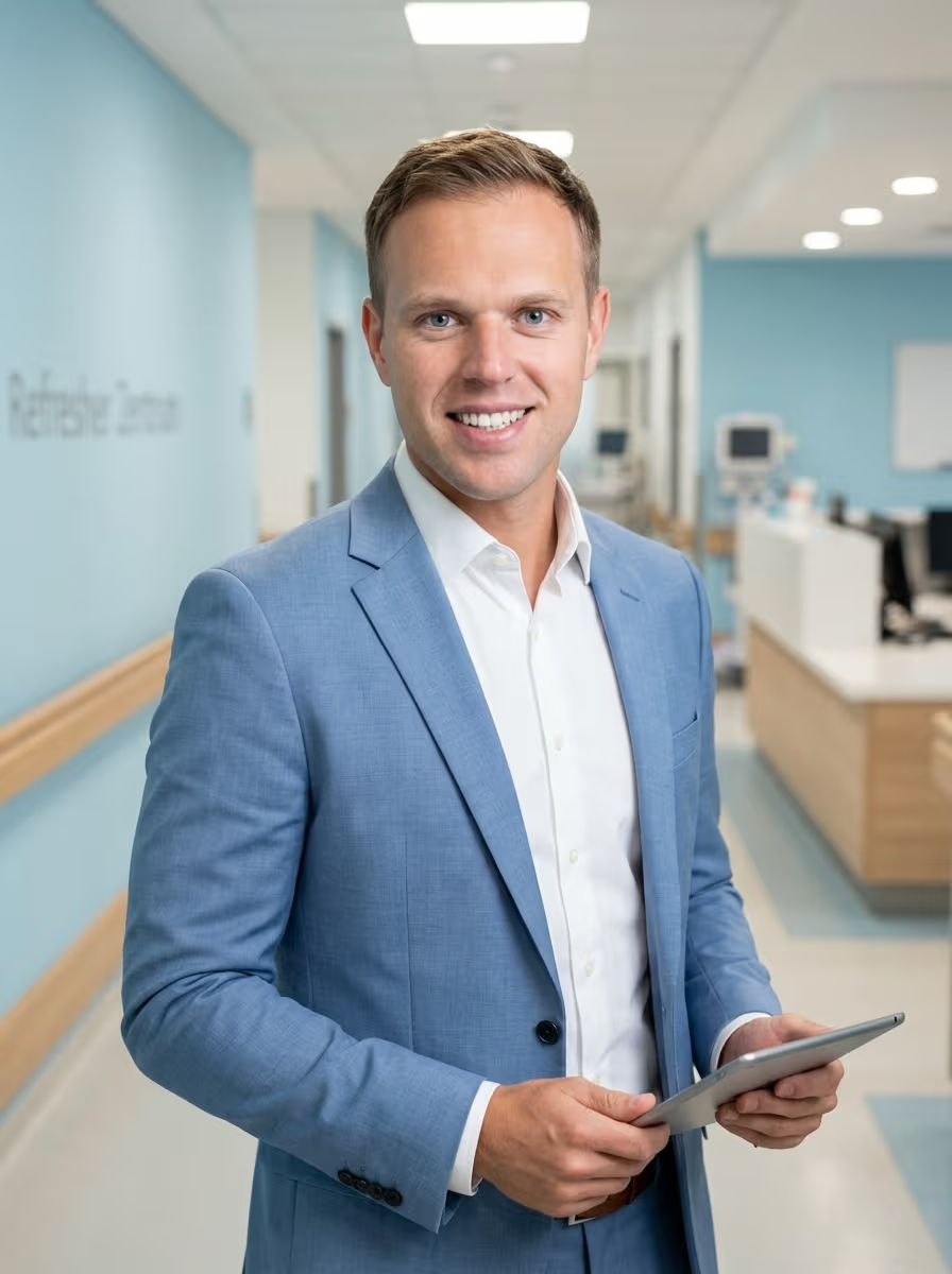 Dennis Tefett, Gründer der Exzellenz-Uni, im Klinikumfeld mit Tablet