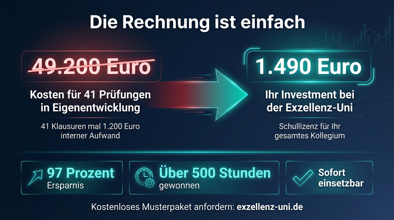 Die Rechnung ist einfach: 49.200 Euro Eigenentwicklung vs. 1.490 Euro bei der Exzellenz-Uni