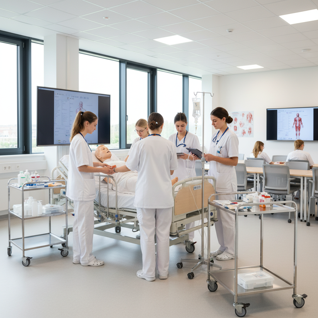 Pflegeausbildung: Auszubildende üben am Patientenbett im Skills Lab